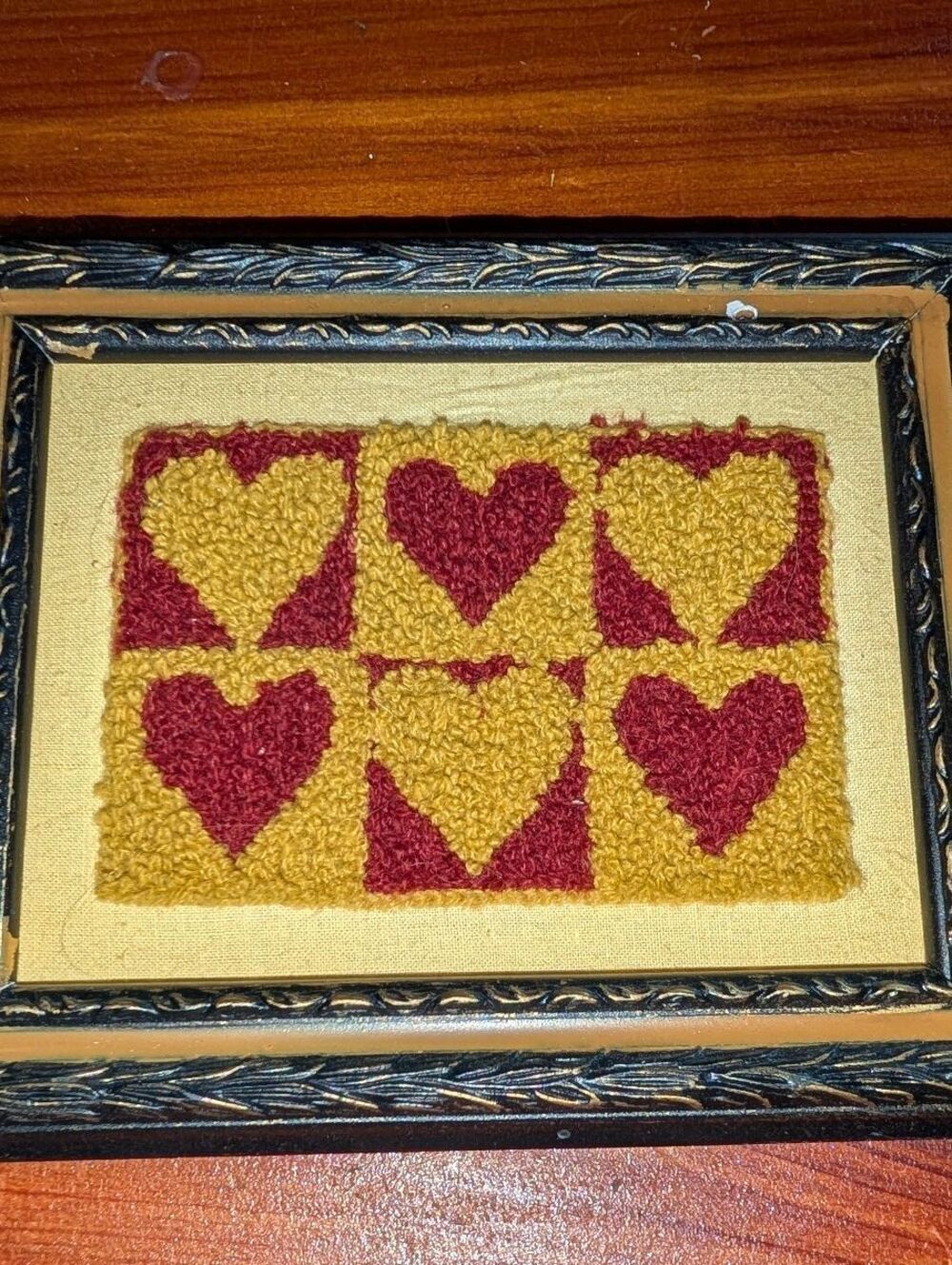 Vintage Handmade Hooked Rug Heart Wall Art in Ornate Frame